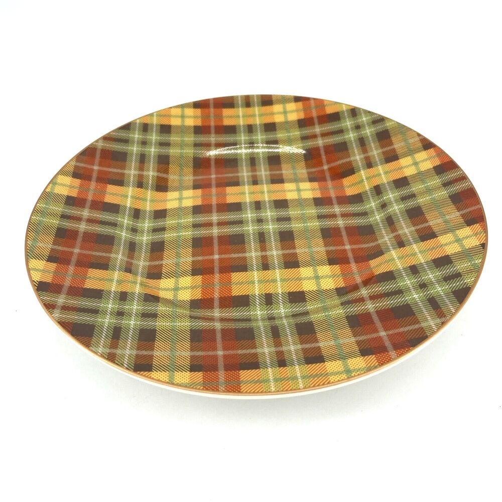 Pier 1 Harvest Plaid Salad Dessert Plate Brown Orange Green Gold All Over 8.5"